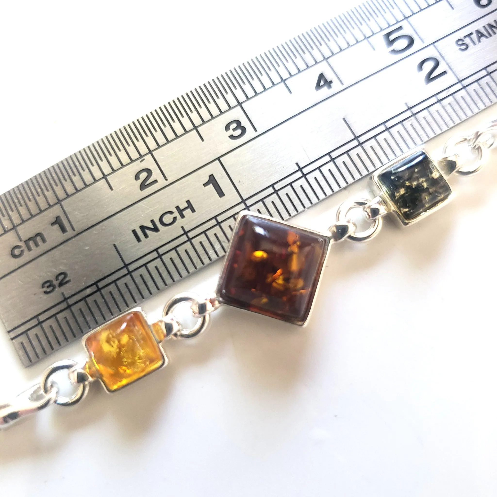 Chain Adjustable Silver Bracelet with Green & Honey Natural Amber