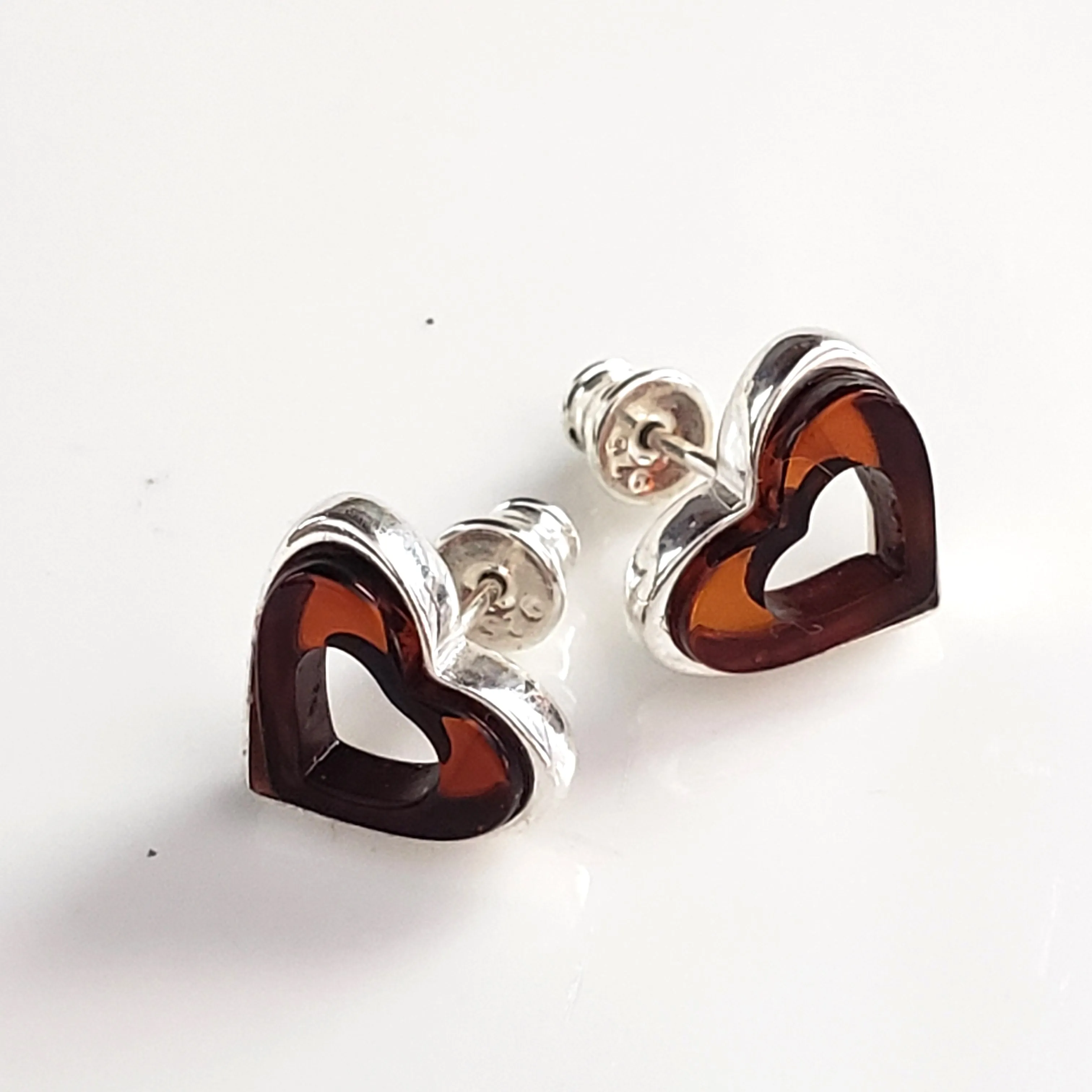 Cherry Amber in Silver Heart Stud Earrings