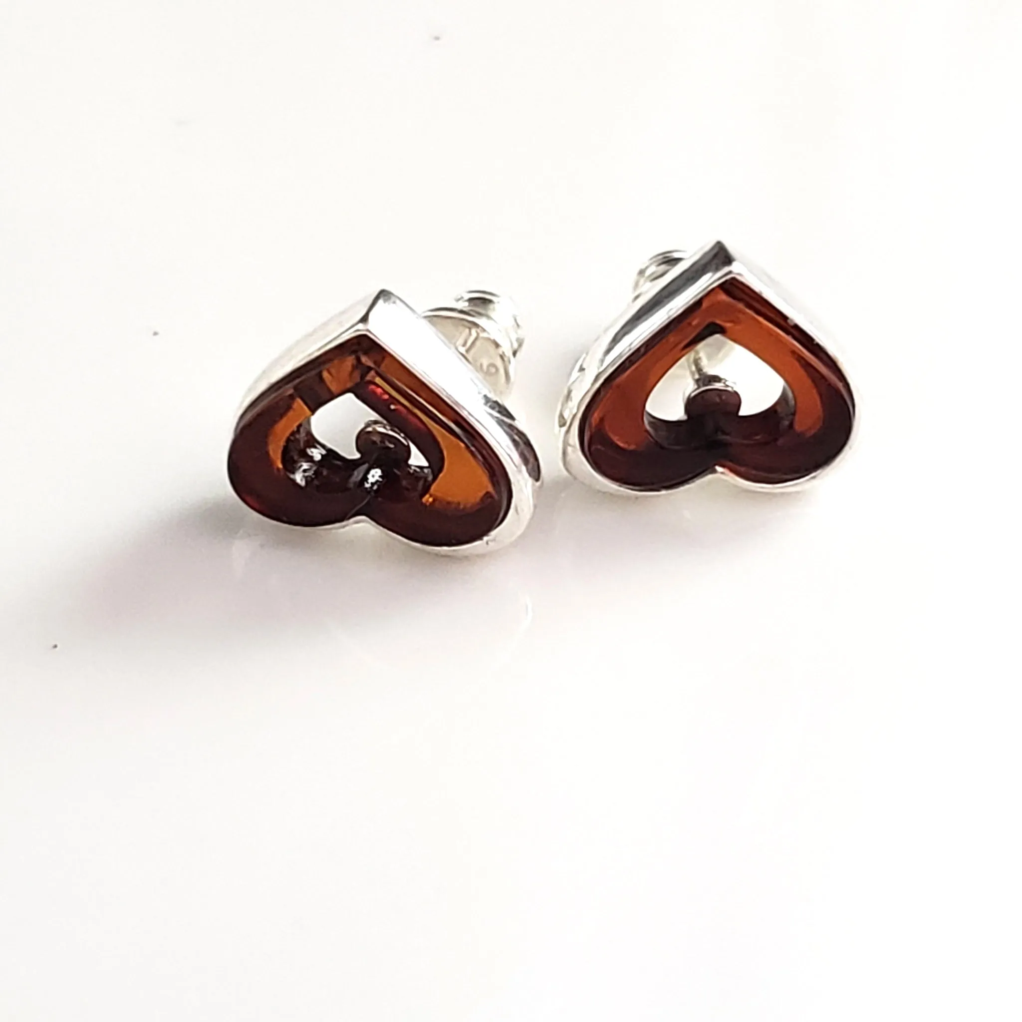 Cherry Amber in Silver Heart Stud Earrings