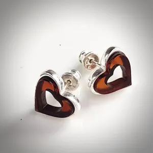 Cherry Amber in Silver Heart Stud Earrings