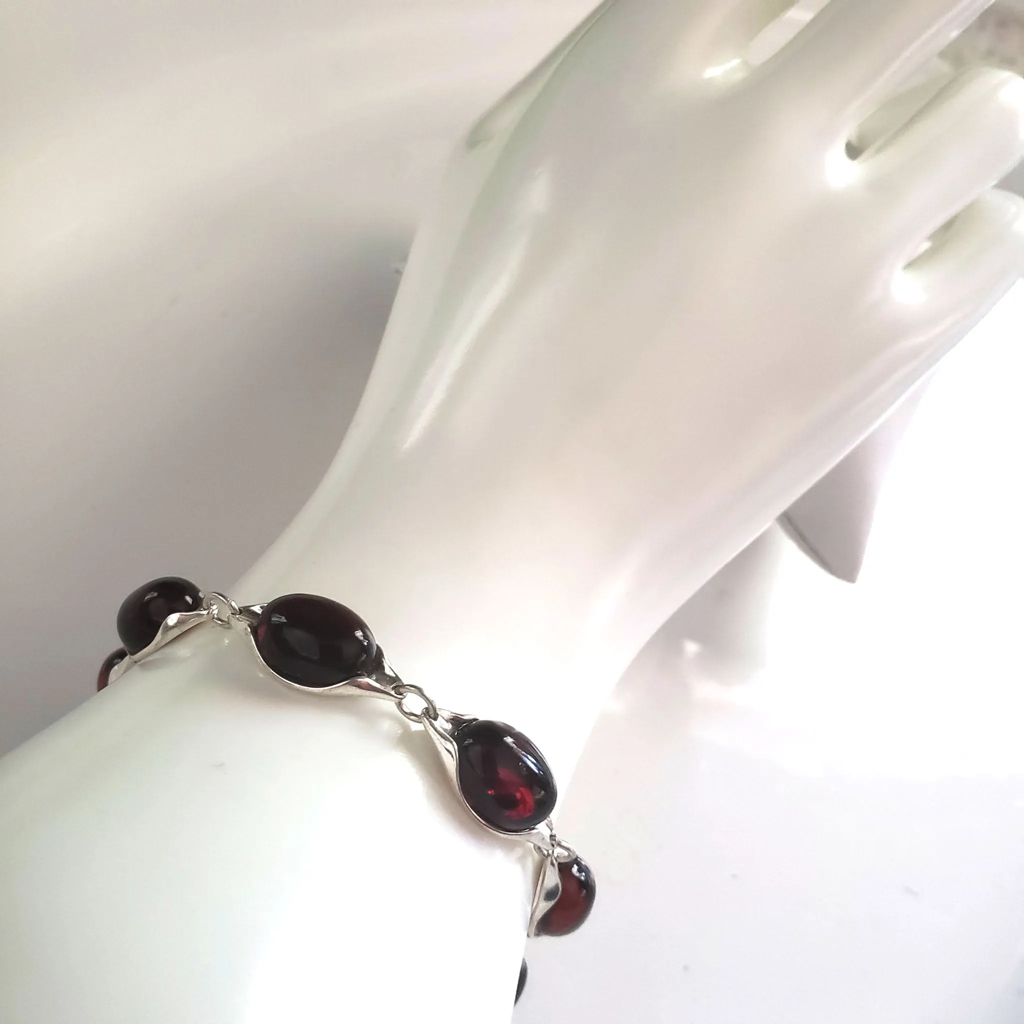 Cherry Red Oval Amber Bracelet Set in Sterling Silver