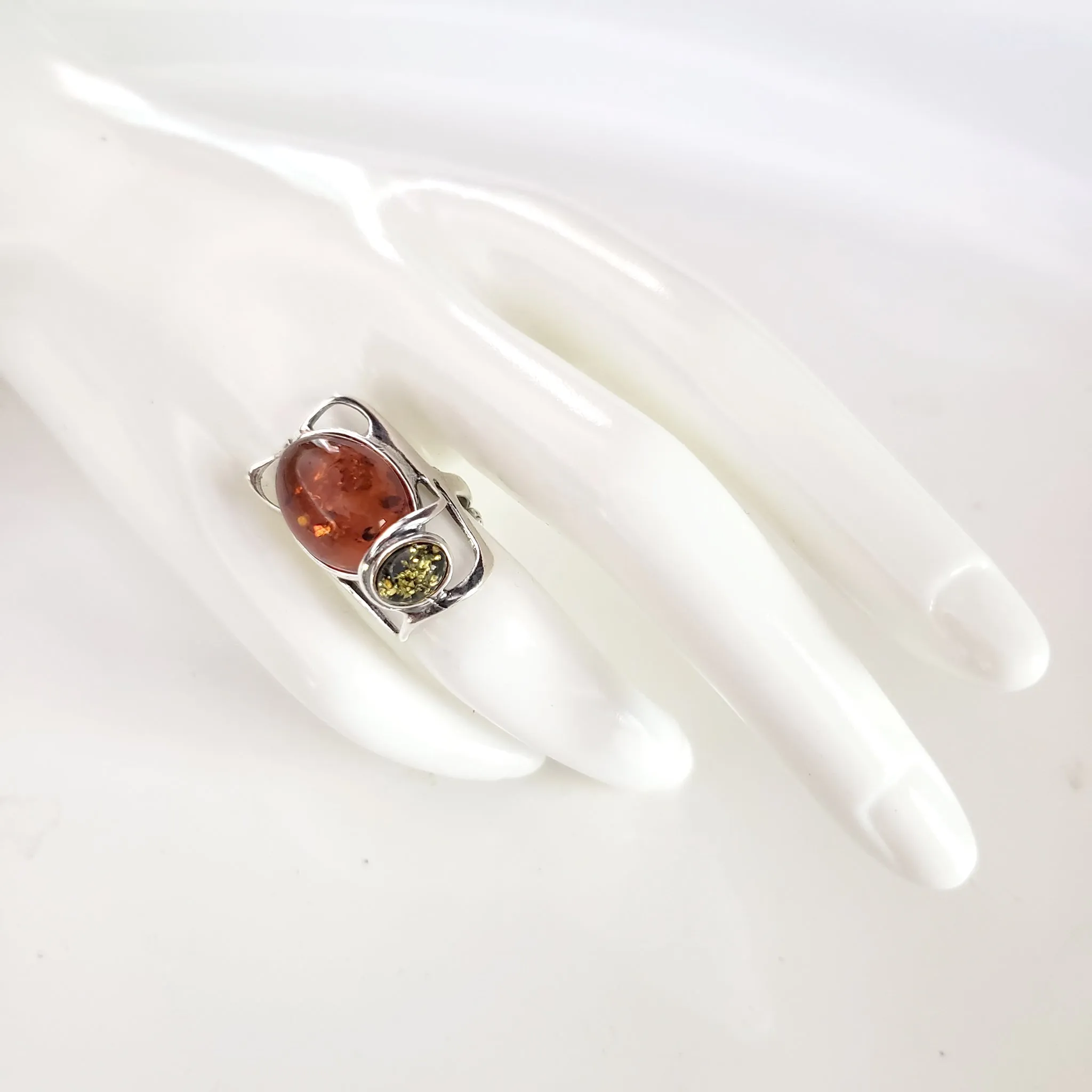 Cognac & Green Amber Large Sterling Silver Adjustable Ring