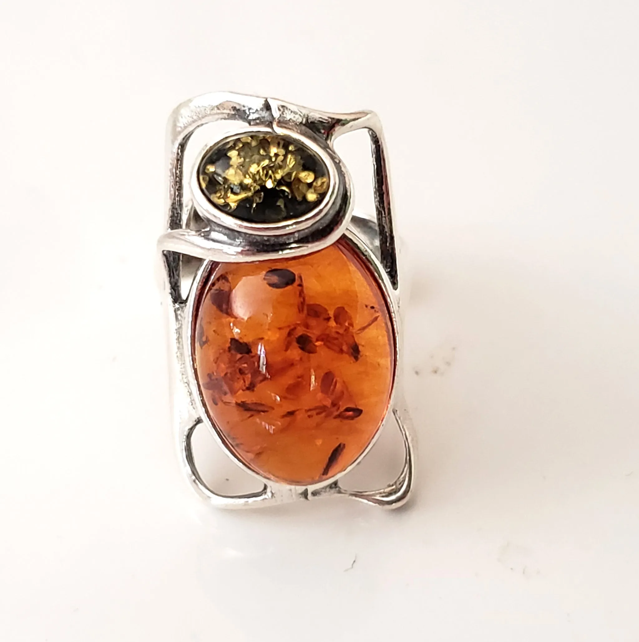 Cognac & Green Amber Large Sterling Silver Adjustable Ring