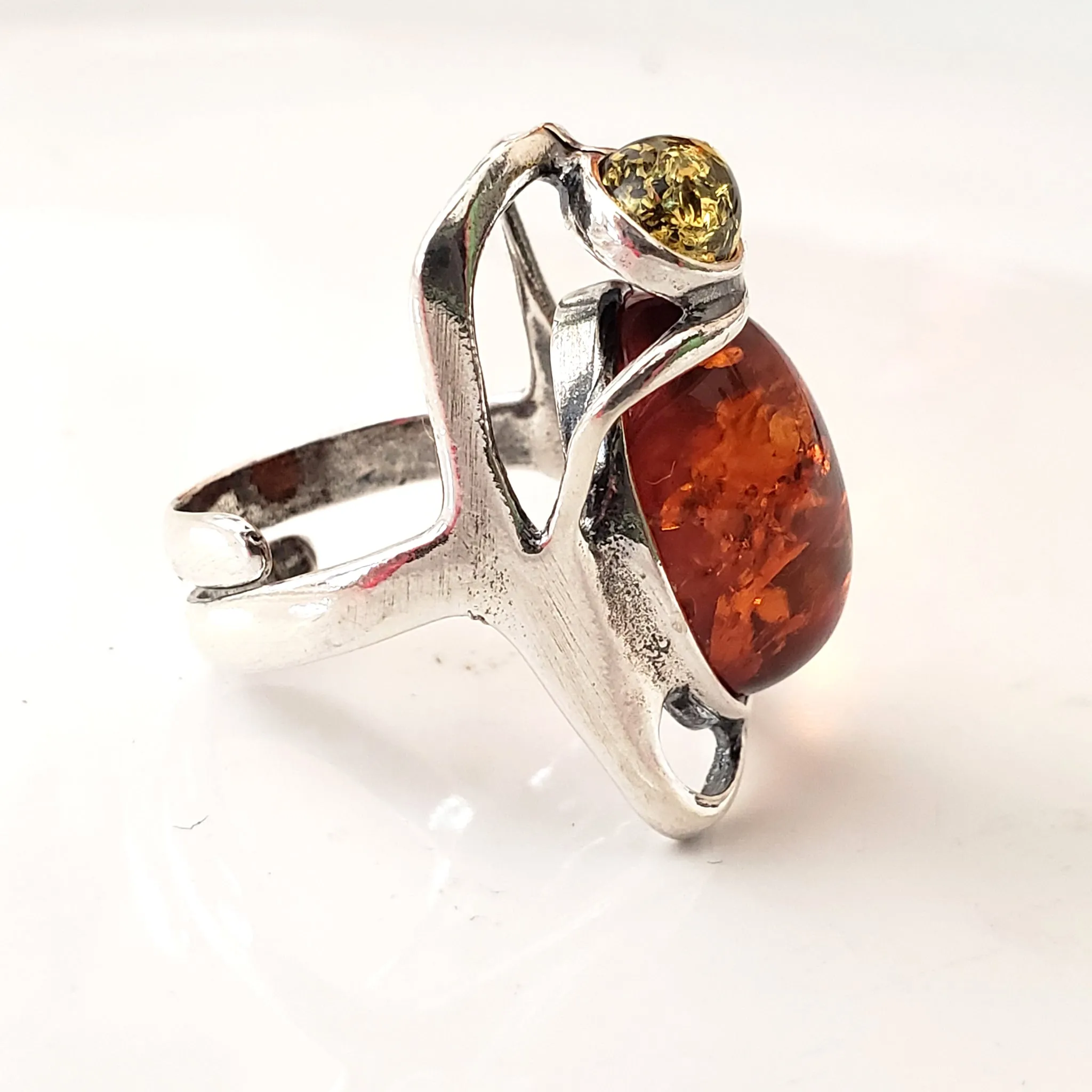 Cognac & Green Amber Large Sterling Silver Adjustable Ring