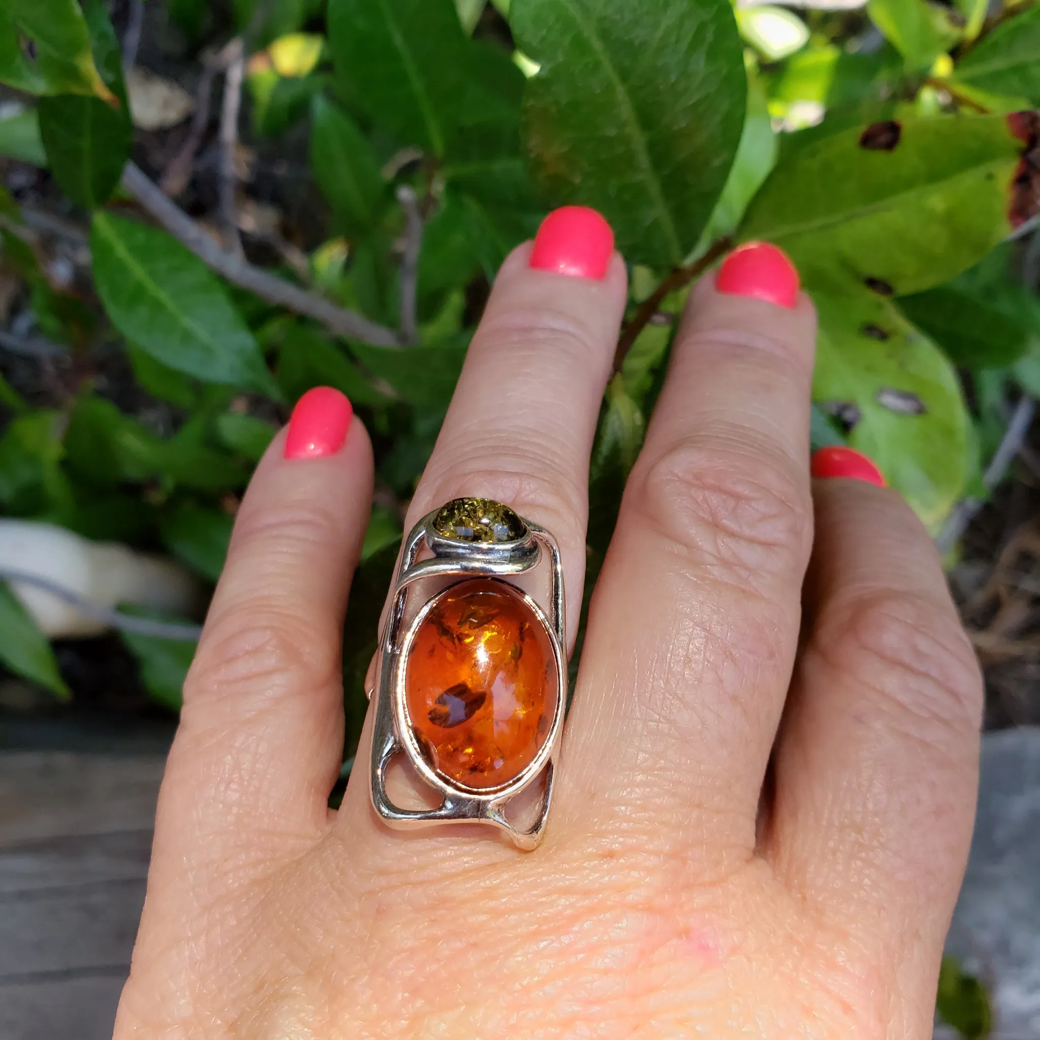 Cognac & Green Amber Large Sterling Silver Adjustable Ring