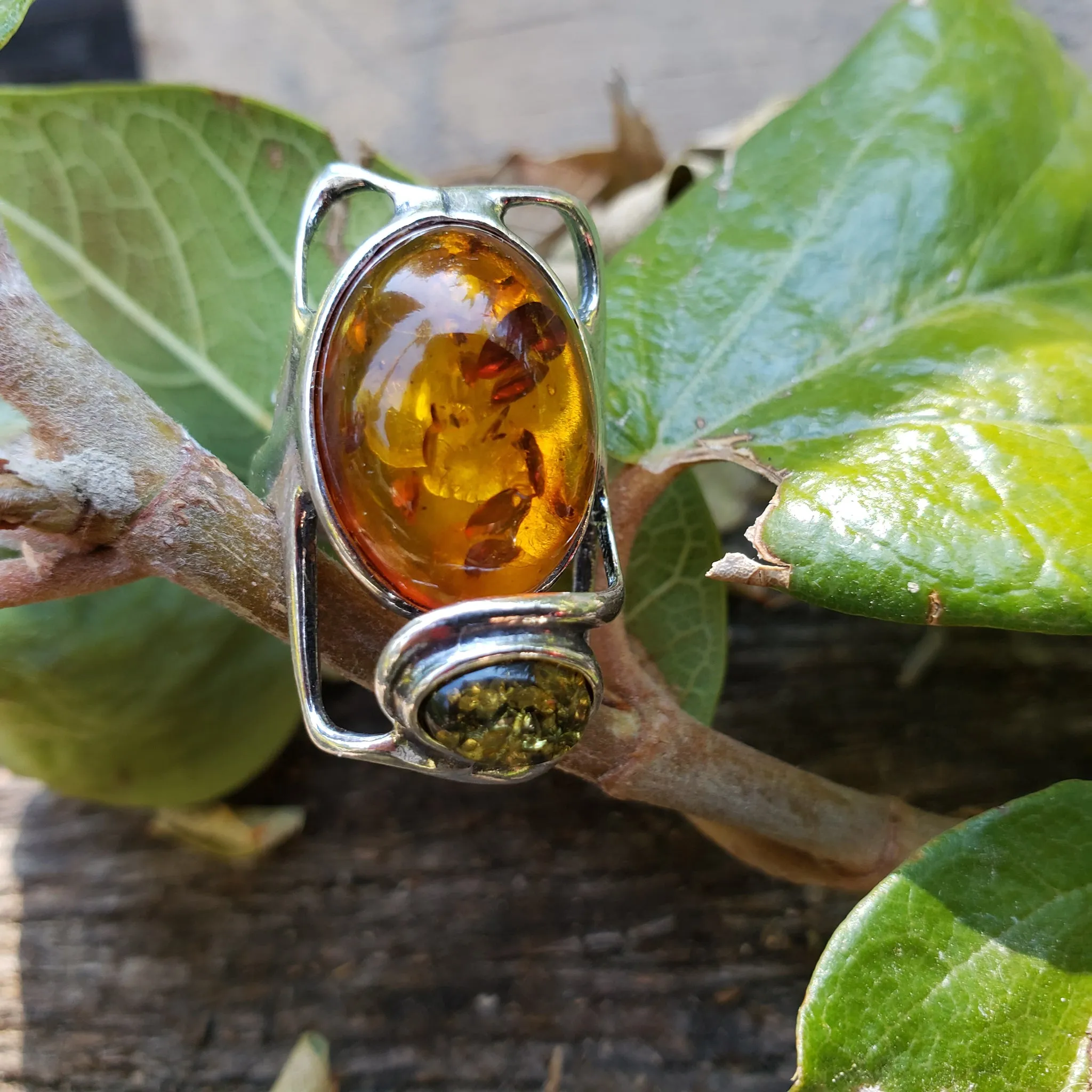 Cognac & Green Amber Large Sterling Silver Adjustable Ring