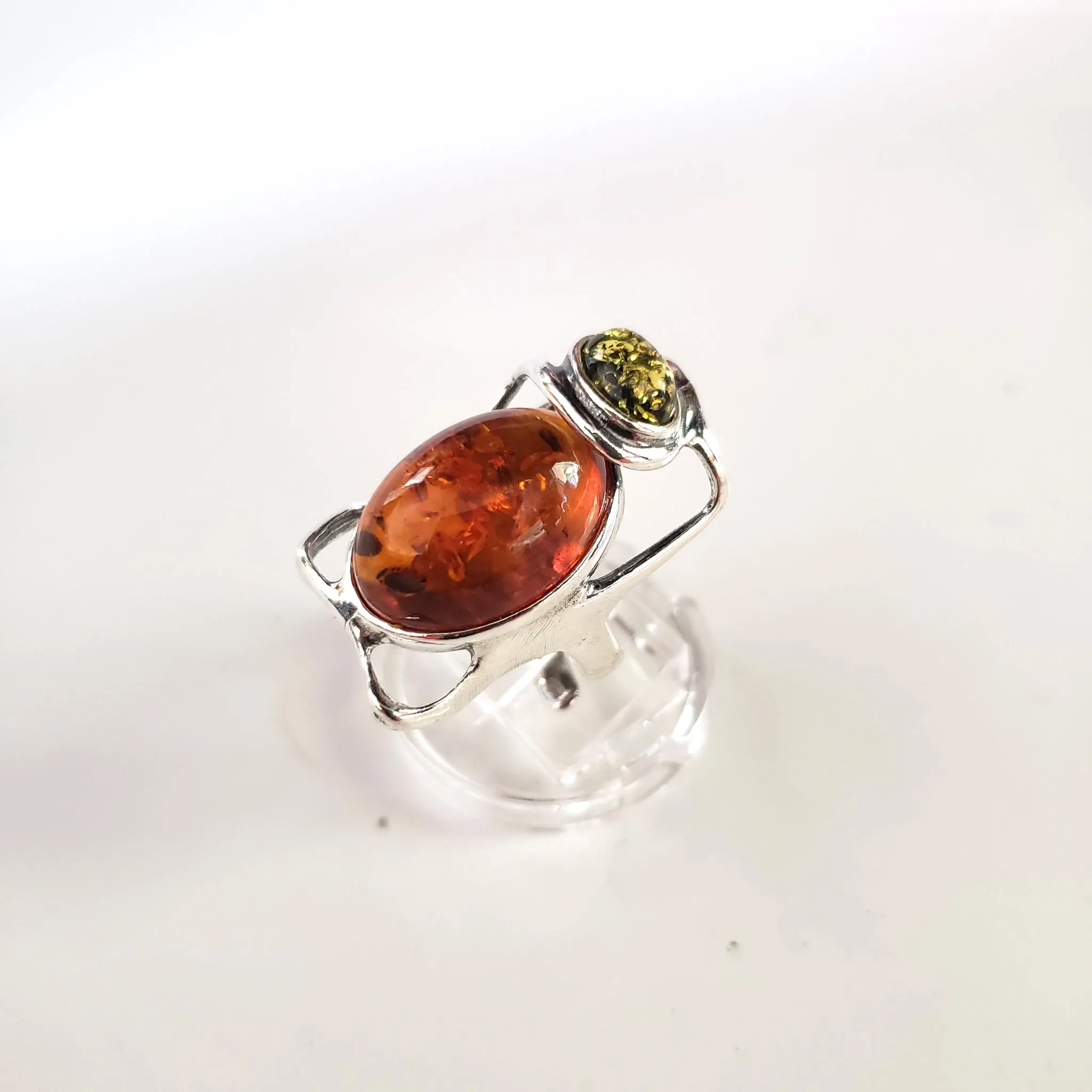 Cognac & Green Amber Large Sterling Silver Adjustable Ring