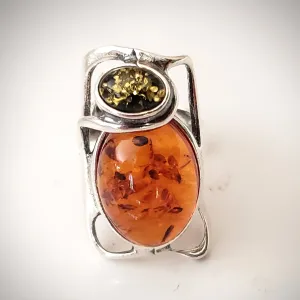 Cognac & Green Amber Large Sterling Silver Adjustable Ring