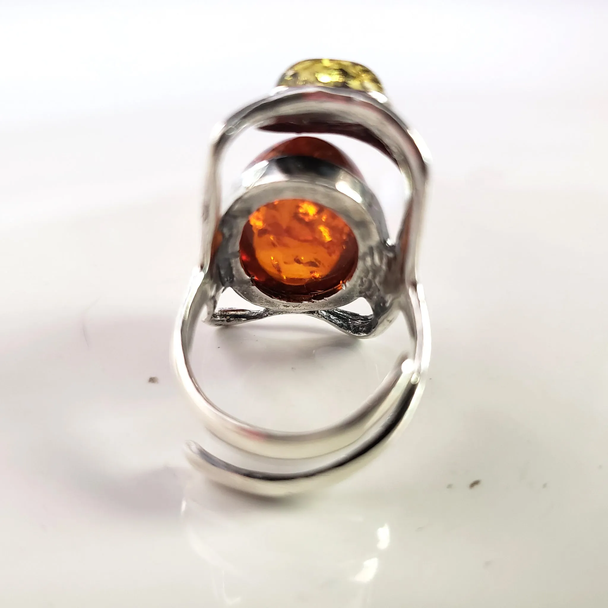 Cognac & Green Amber Large Sterling Silver Adjustable Ring