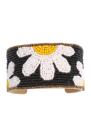 DAISY FLOWER SEED BEAD WIDE CUFF BRACELET