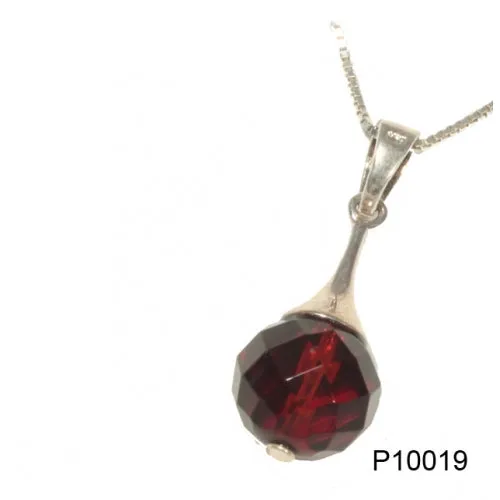 Diamond Cut Cherry Amber Sterling Silver Round Pendant
