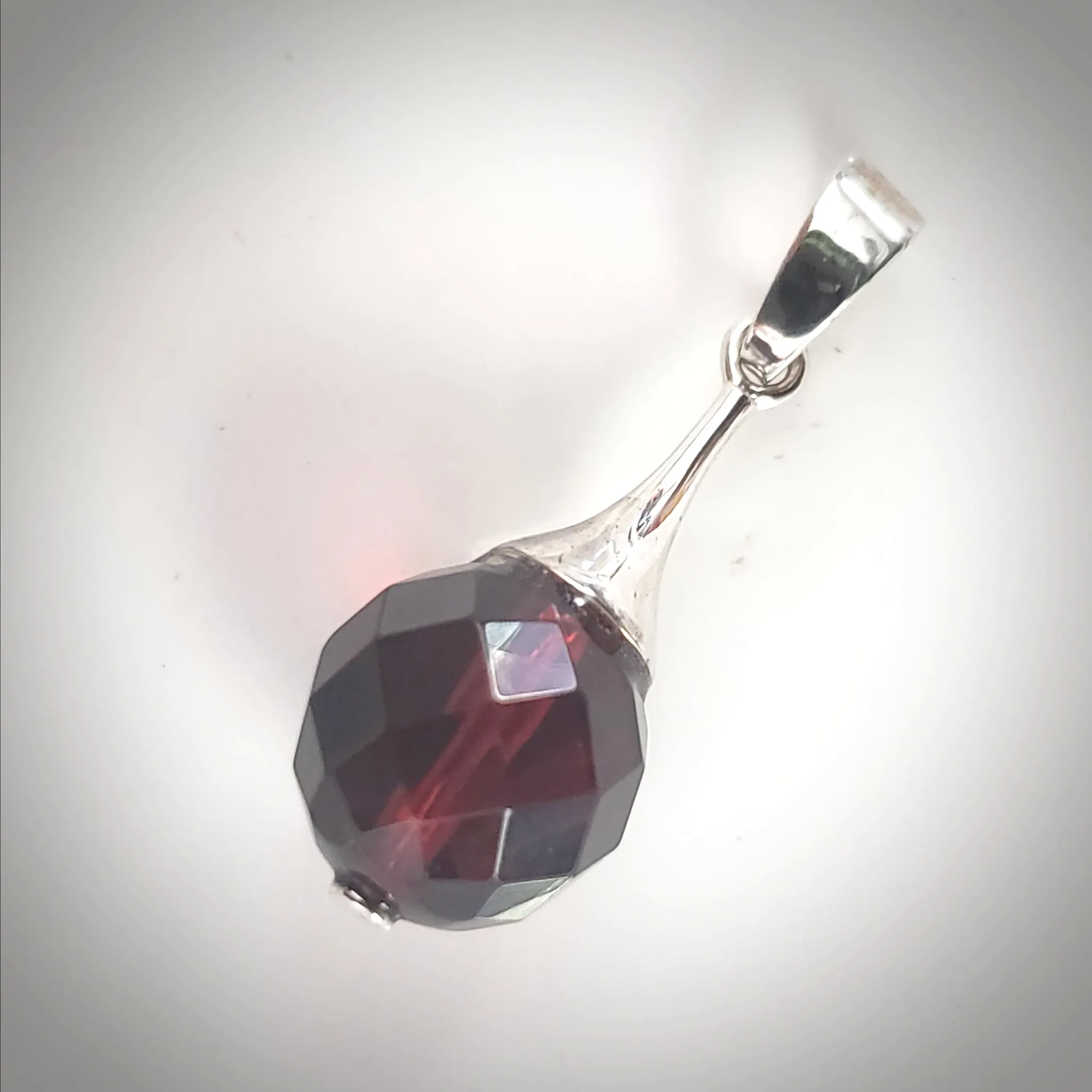 Diamond Cut Cherry Amber Sterling Silver Round Pendant