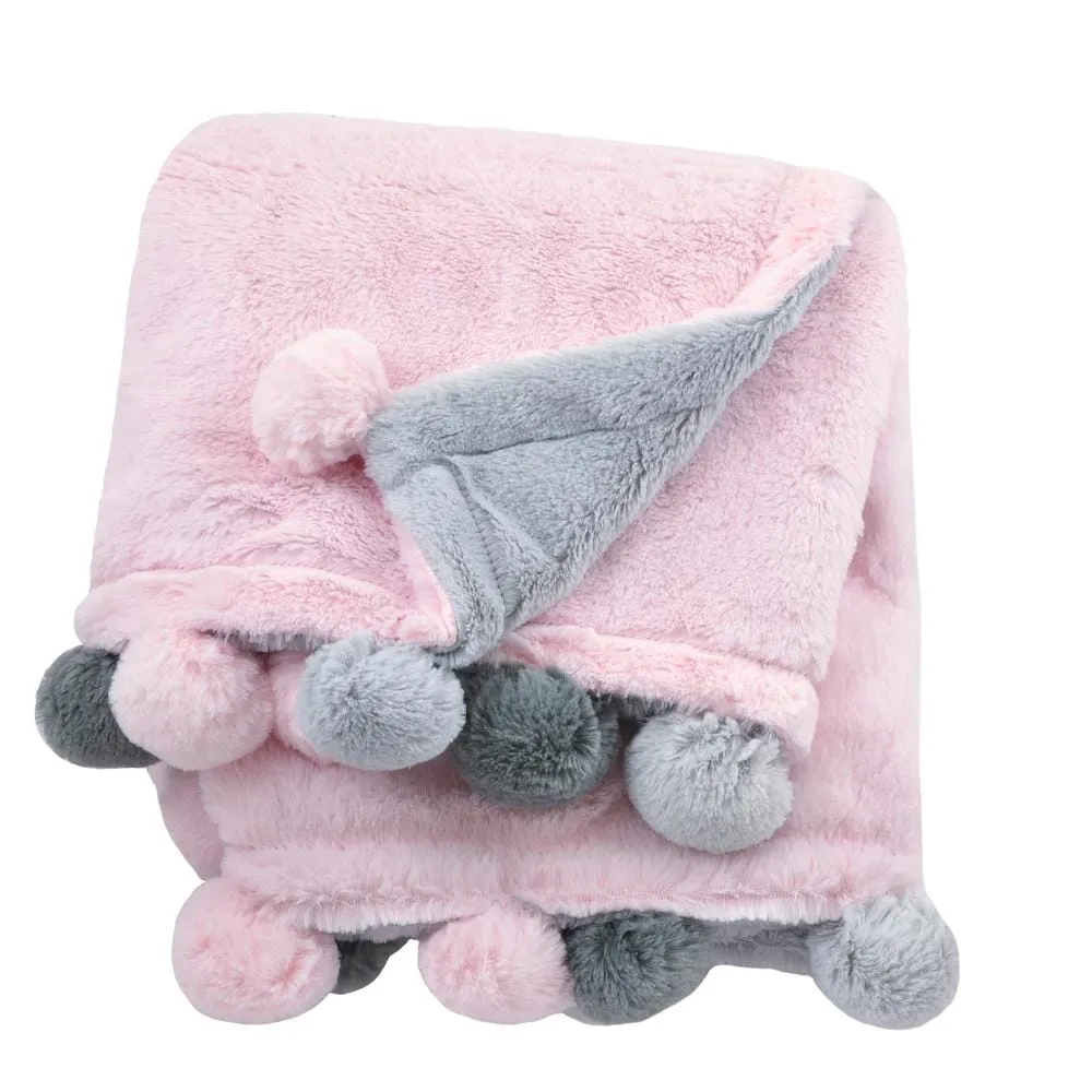 Embroidered Cuddle Plush Pom Pom Blanket in Pink