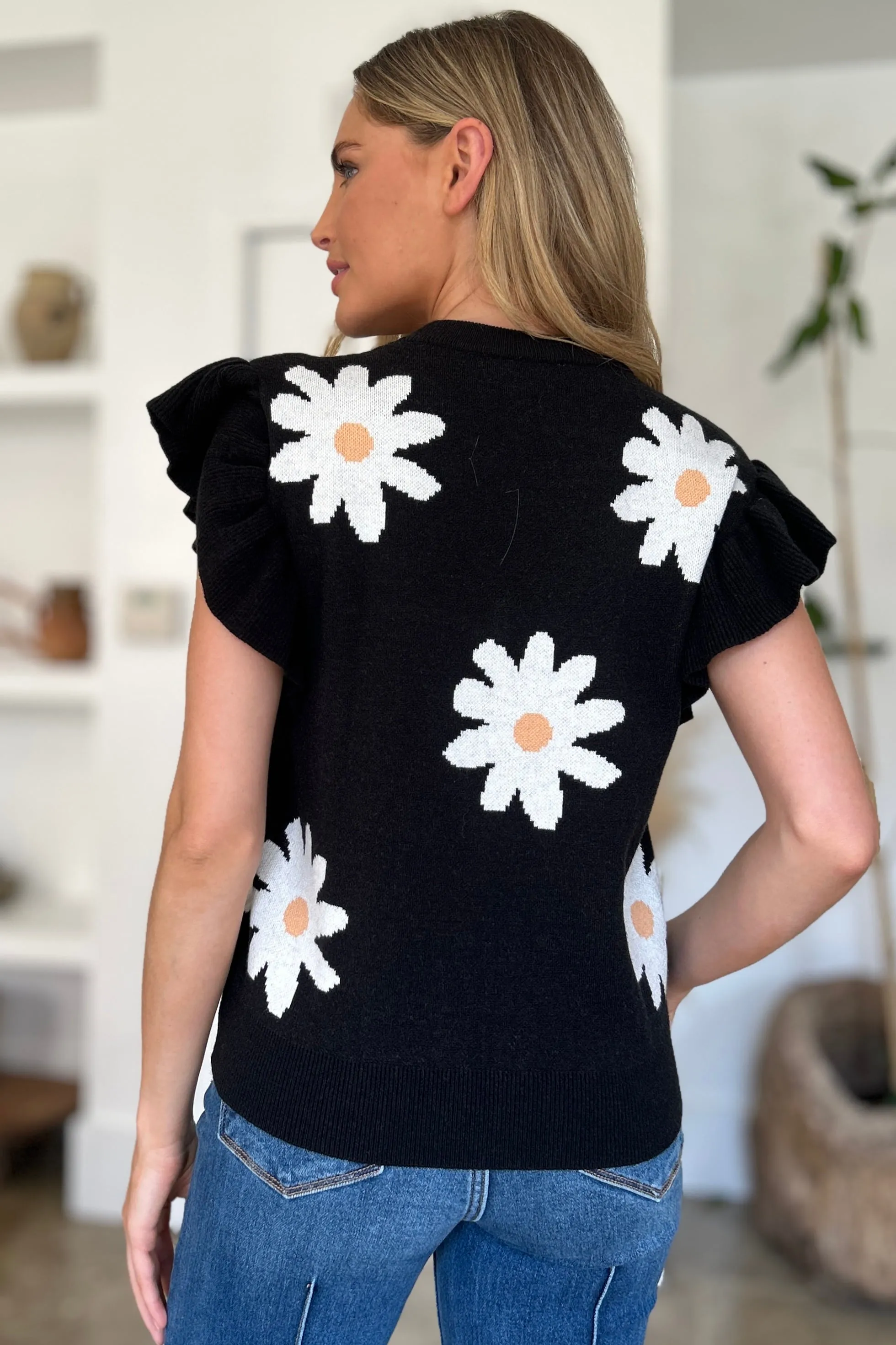 Fresh As A Daisy Ruffled Flower Round Neck Cap Sleeve Sweater