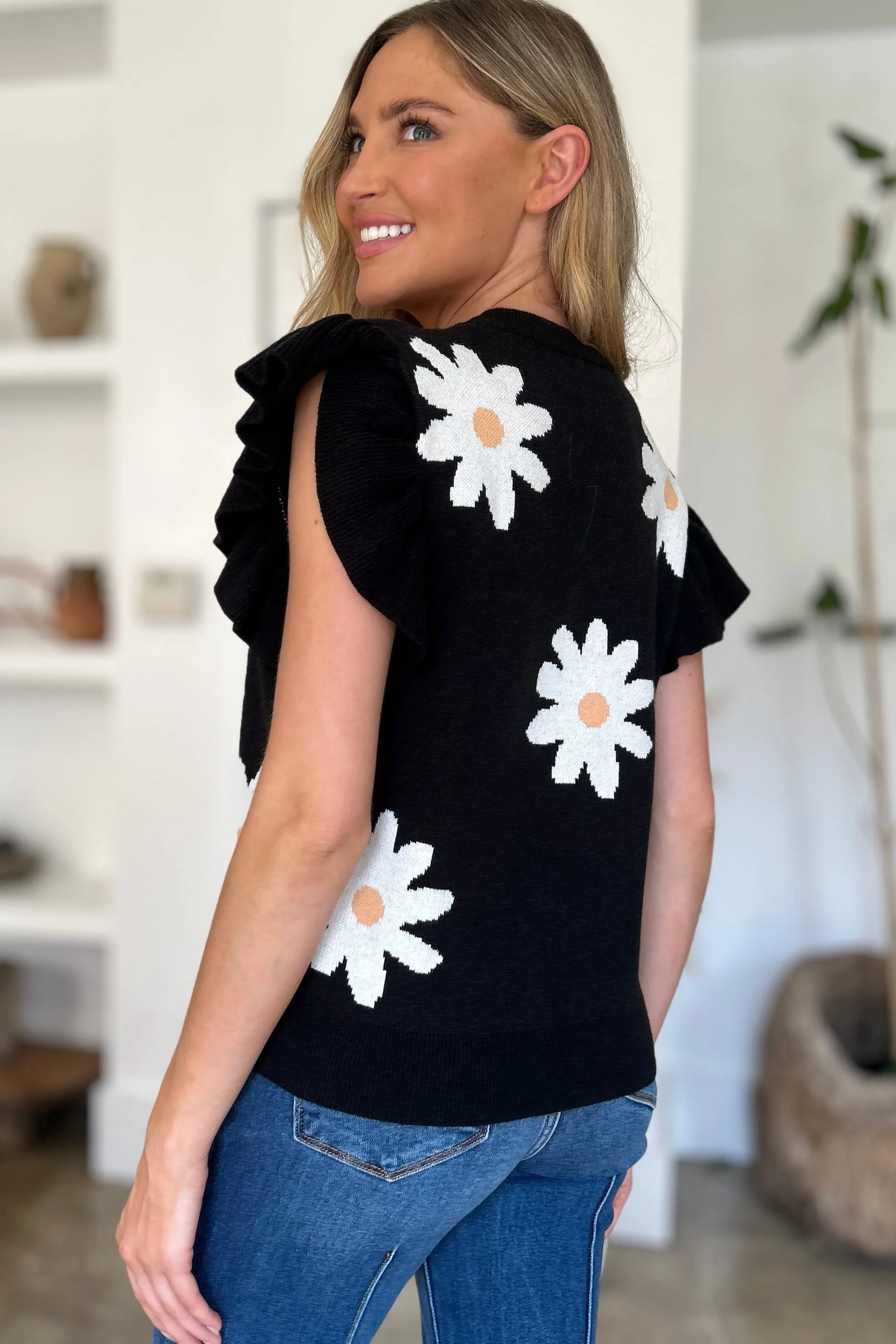 Fresh As A Daisy Ruffled Flower Round Neck Cap Sleeve Sweater