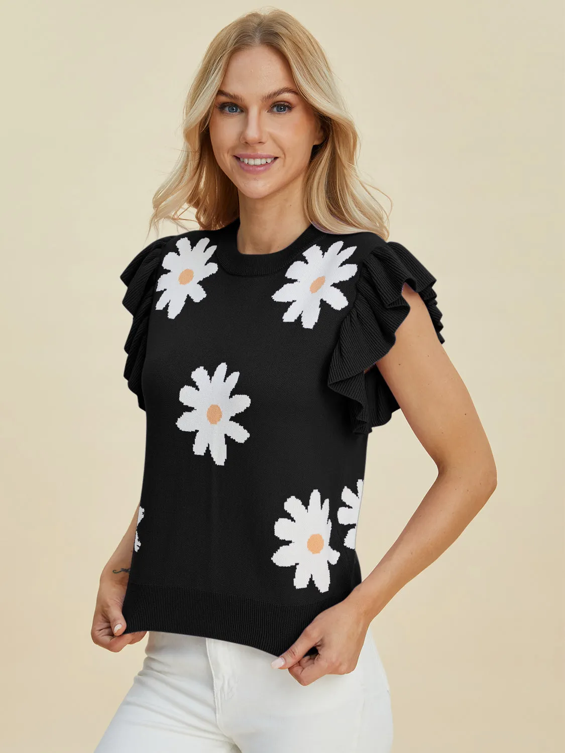 Fresh As A Daisy Ruffled Flower Round Neck Cap Sleeve Sweater