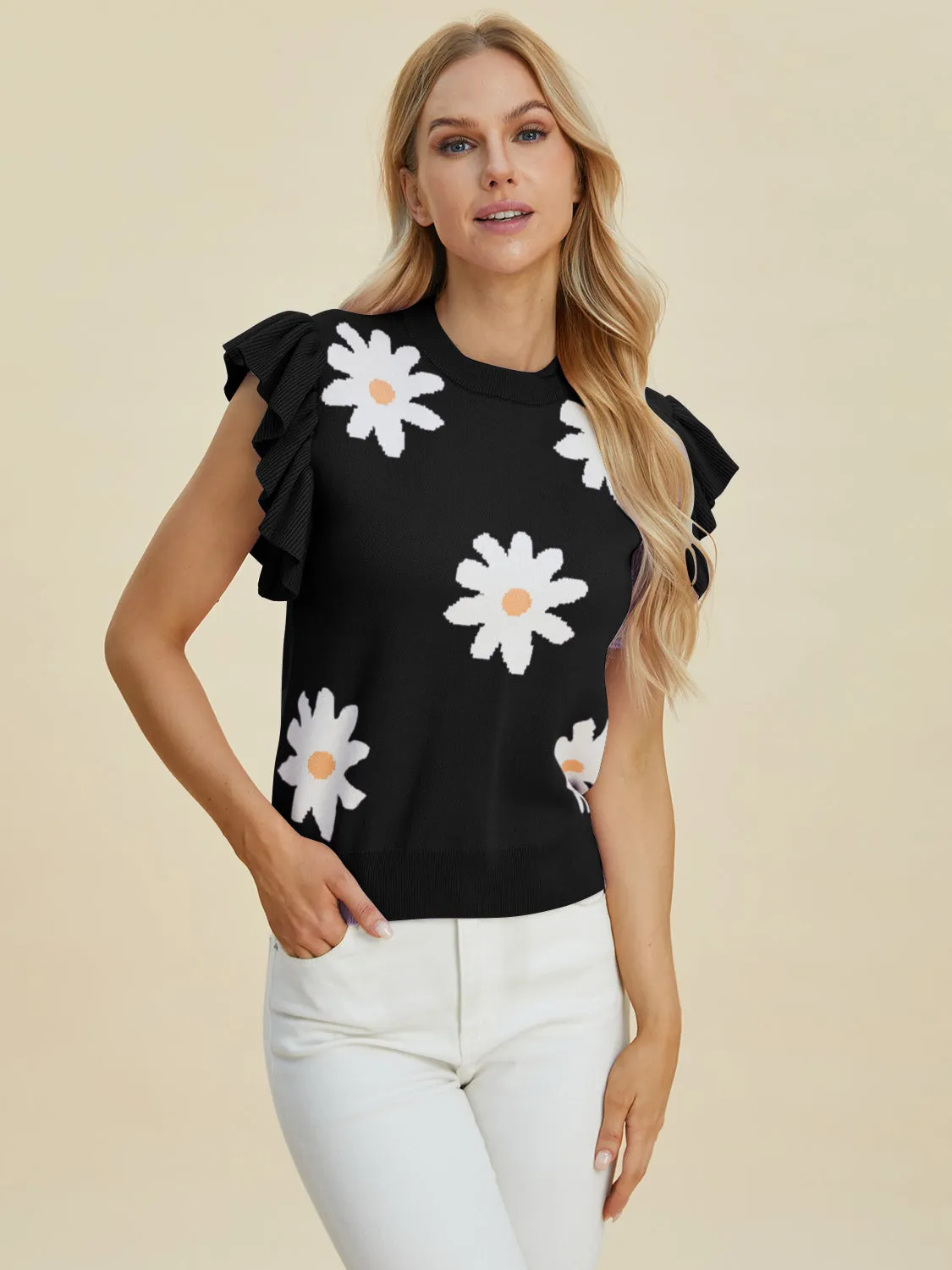 Fresh As A Daisy Ruffled Flower Round Neck Cap Sleeve Sweater