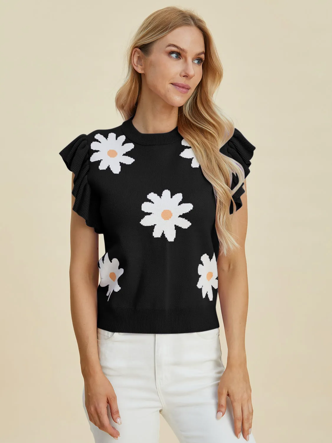 Fresh As A Daisy Ruffled Flower Round Neck Cap Sleeve Sweater