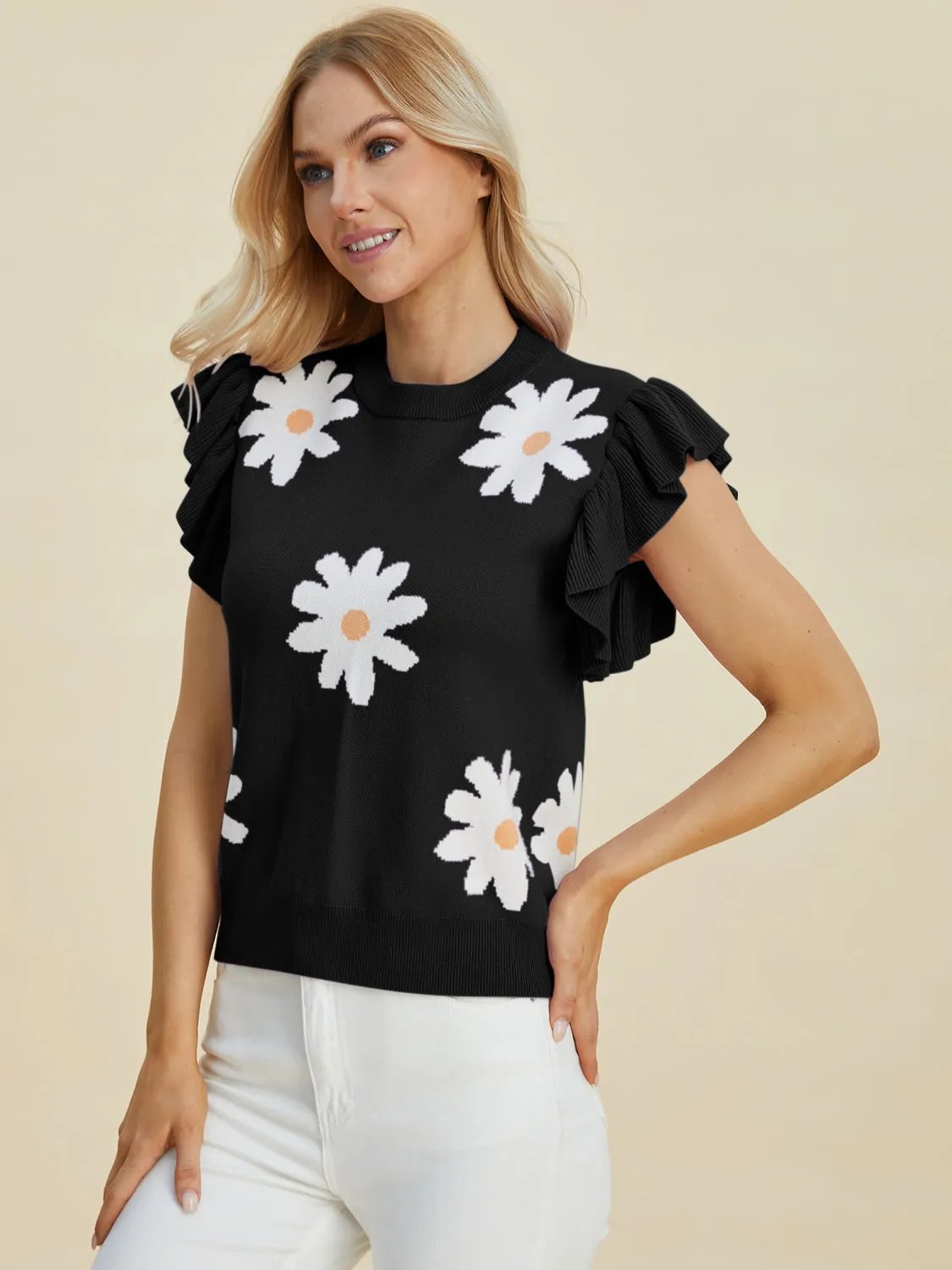 Fresh As A Daisy Ruffled Flower Round Neck Cap Sleeve Sweater