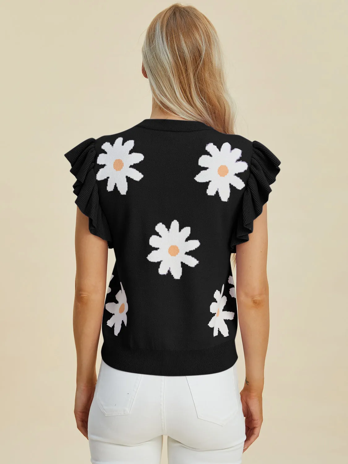 Fresh As A Daisy Ruffled Flower Round Neck Cap Sleeve Sweater