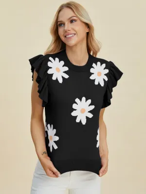 Fresh As A Daisy Ruffled Flower Round Neck Cap Sleeve Sweater
