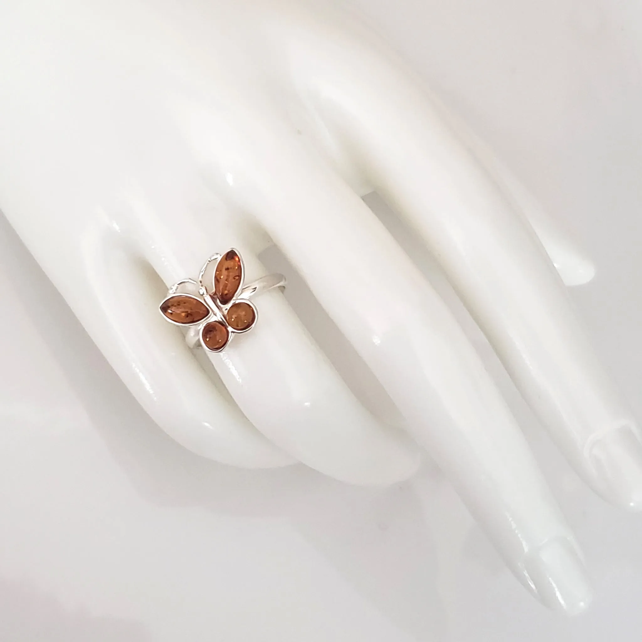 Genuine Amber Butterfly Ring in Sterling Silver Setting