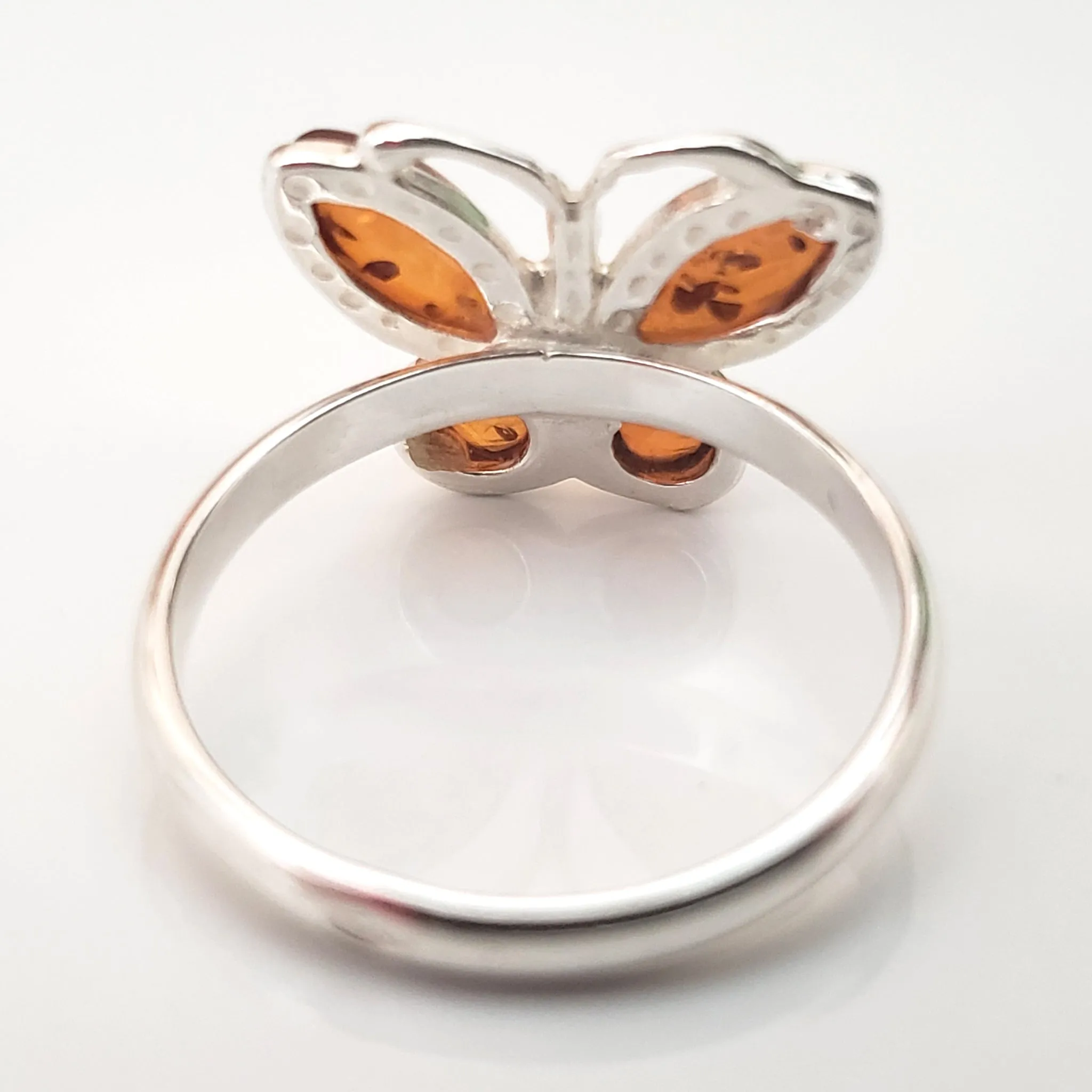 Genuine Amber Butterfly Ring in Sterling Silver Setting