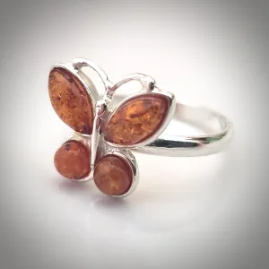 Genuine Amber Butterfly Ring in Sterling Silver Setting