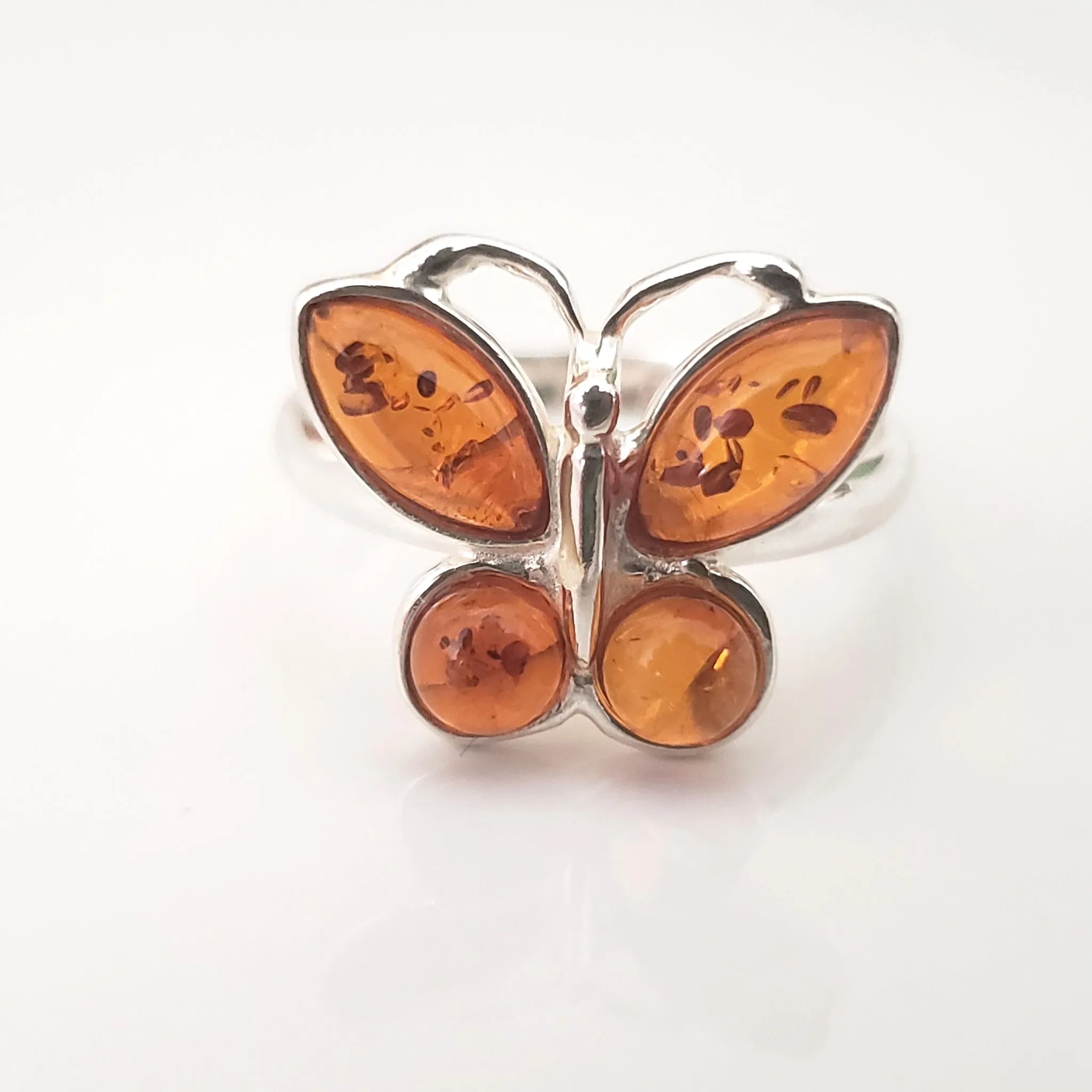 Genuine Amber Butterfly Ring in Sterling Silver Setting