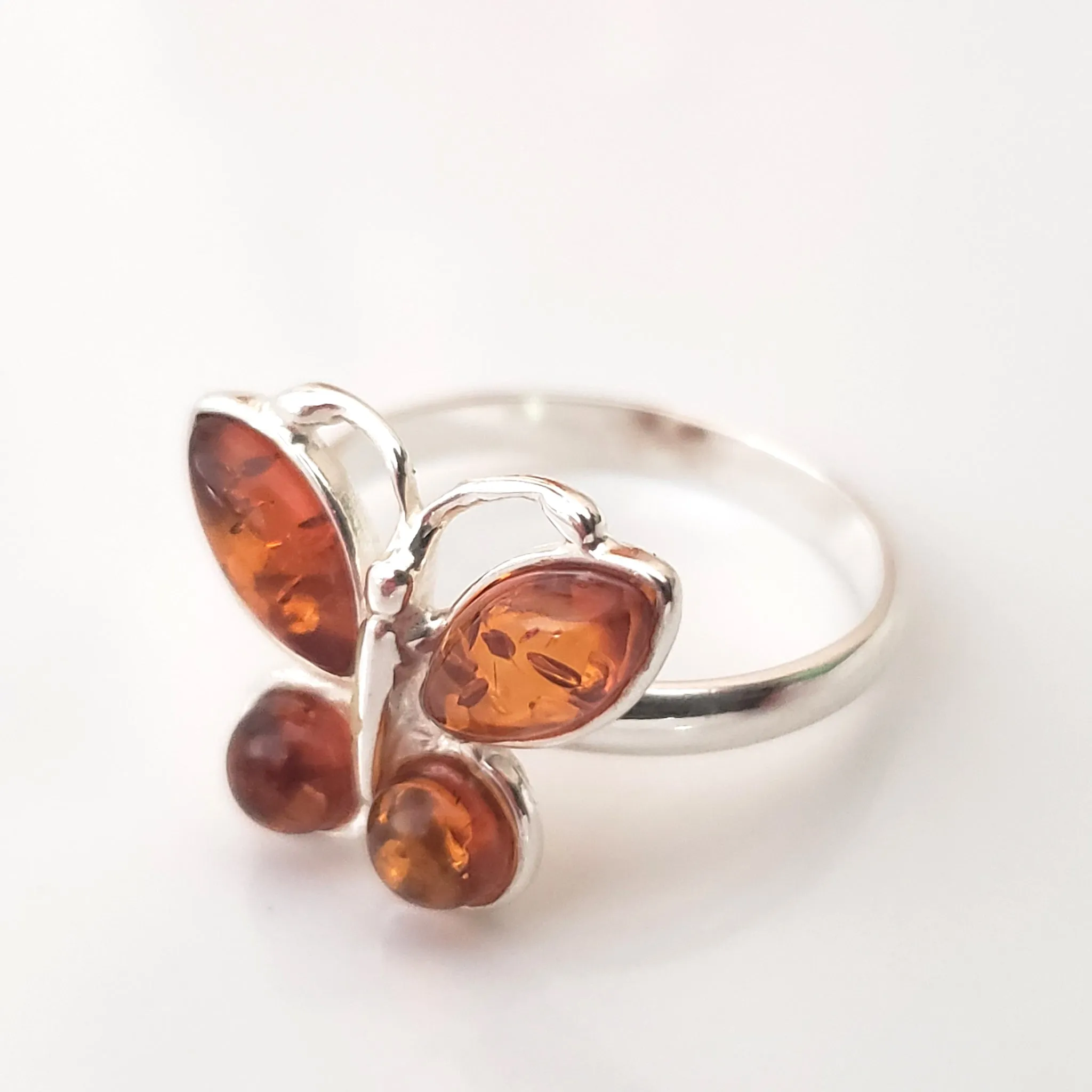 Genuine Amber Butterfly Ring in Sterling Silver Setting