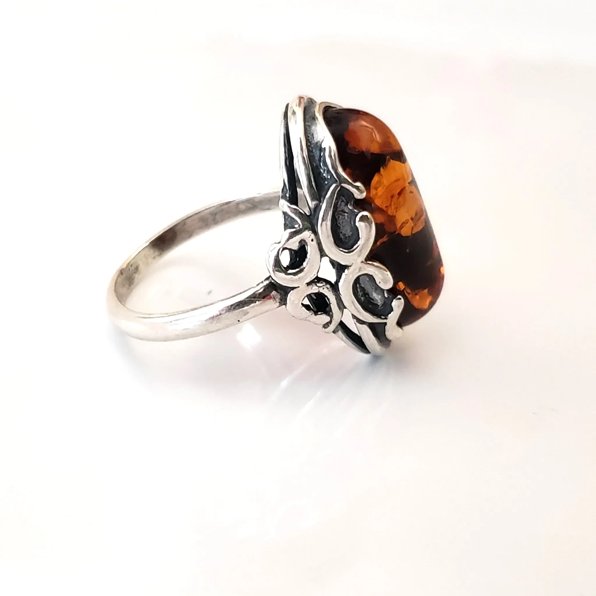 Genuine Cognac Amber Celtic Ring in Sterling Silver size 8.5
