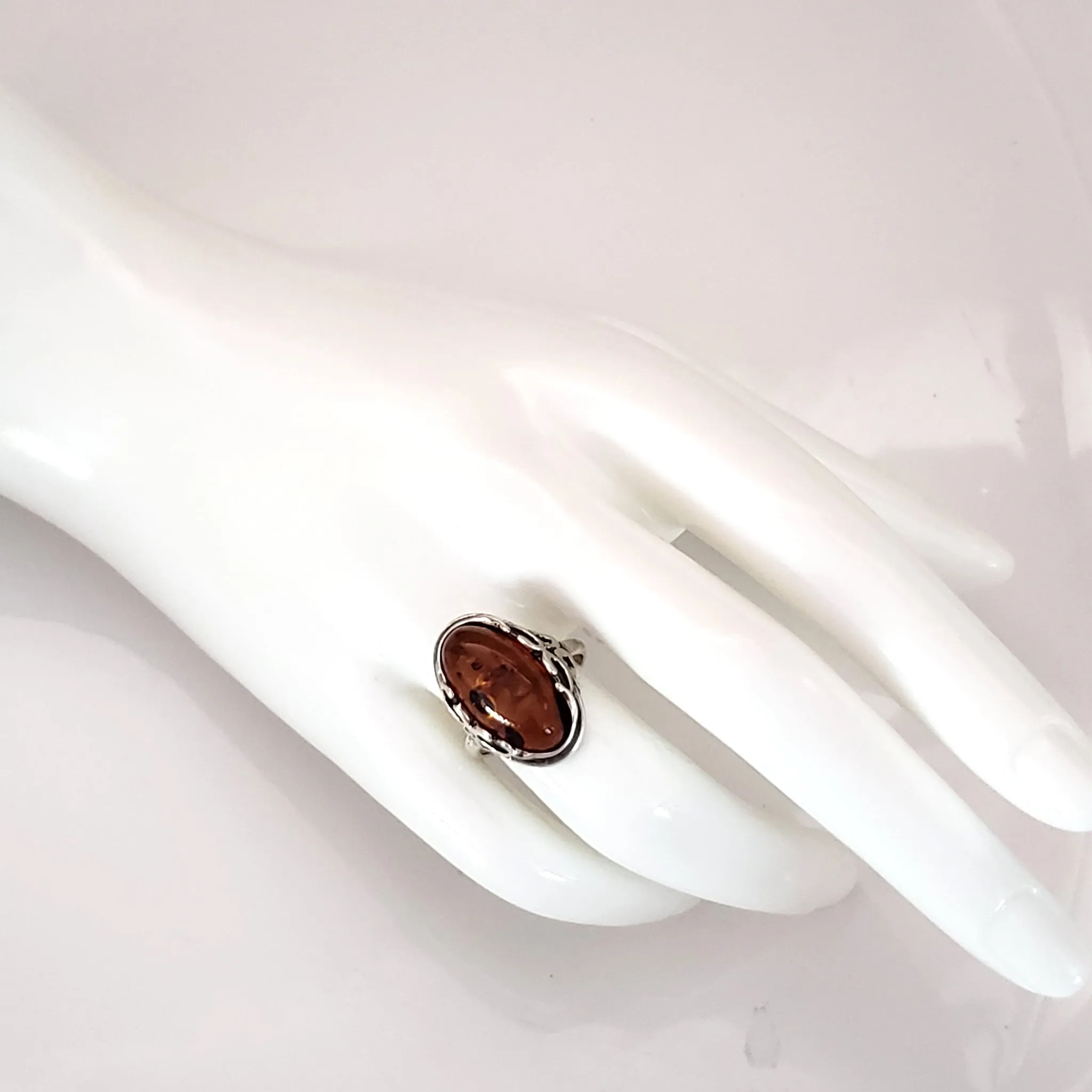 Genuine Cognac Amber Celtic Ring in Sterling Silver size 8.5