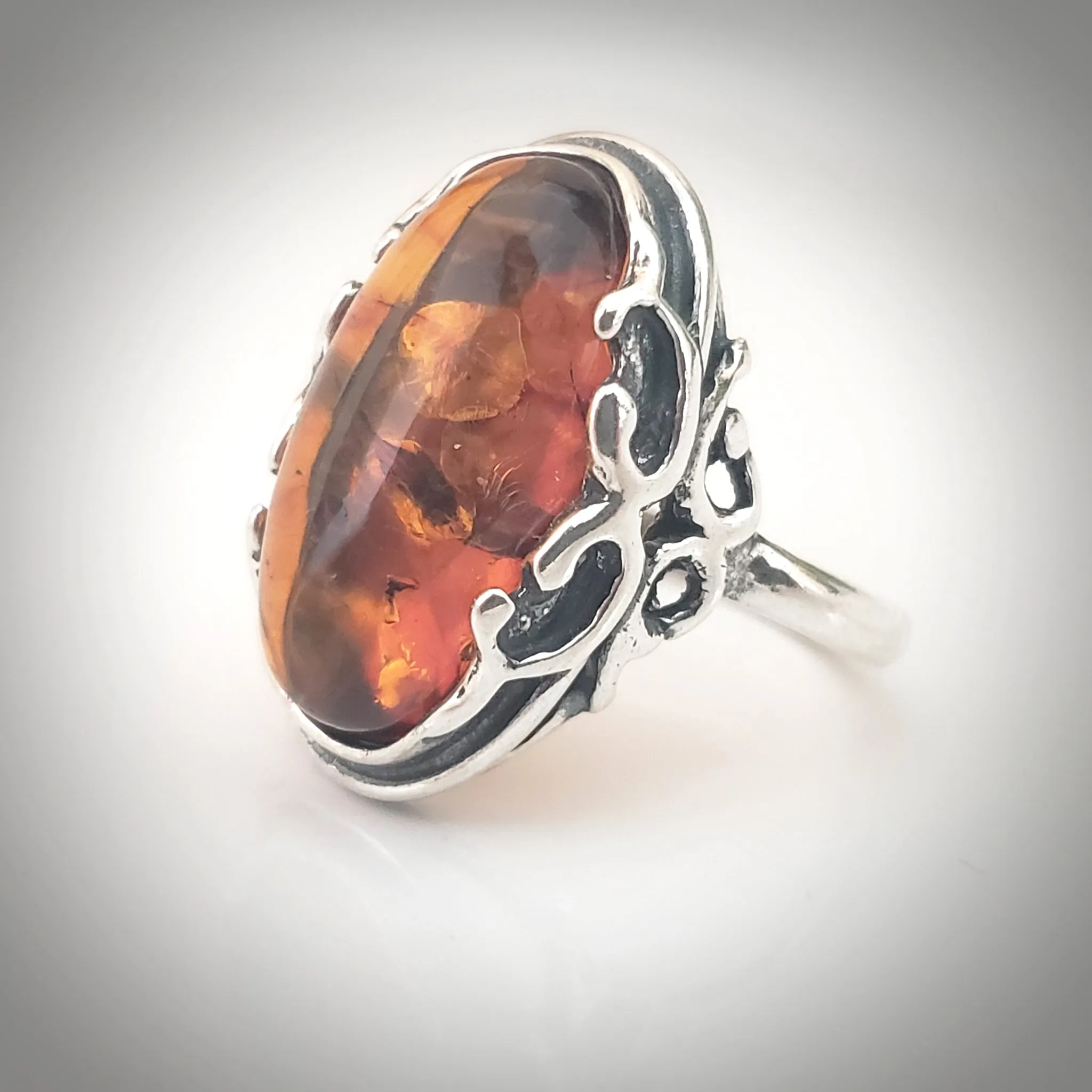 Genuine Cognac Amber Celtic Ring in Sterling Silver size 8.5