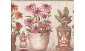 Green Cream Daisy Floral Pots Angels BP7183 Wallpaper Border