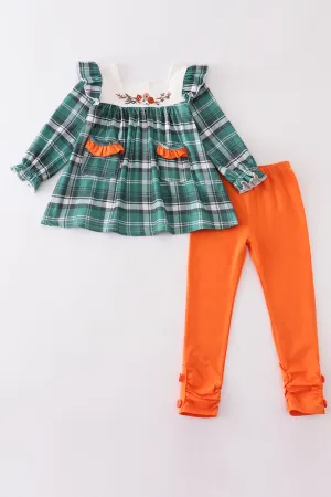 Green plaid floral applique pocket girl set