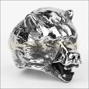 Grosse chevalière pour homme design tête d'ours en acier