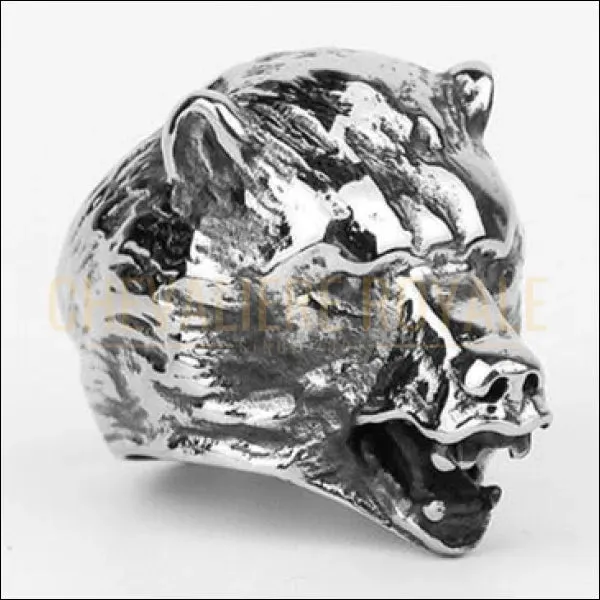 Grosse chevalière pour homme design tête d'ours en acier