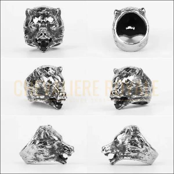 Grosse chevalière pour homme design tête d'ours en acier