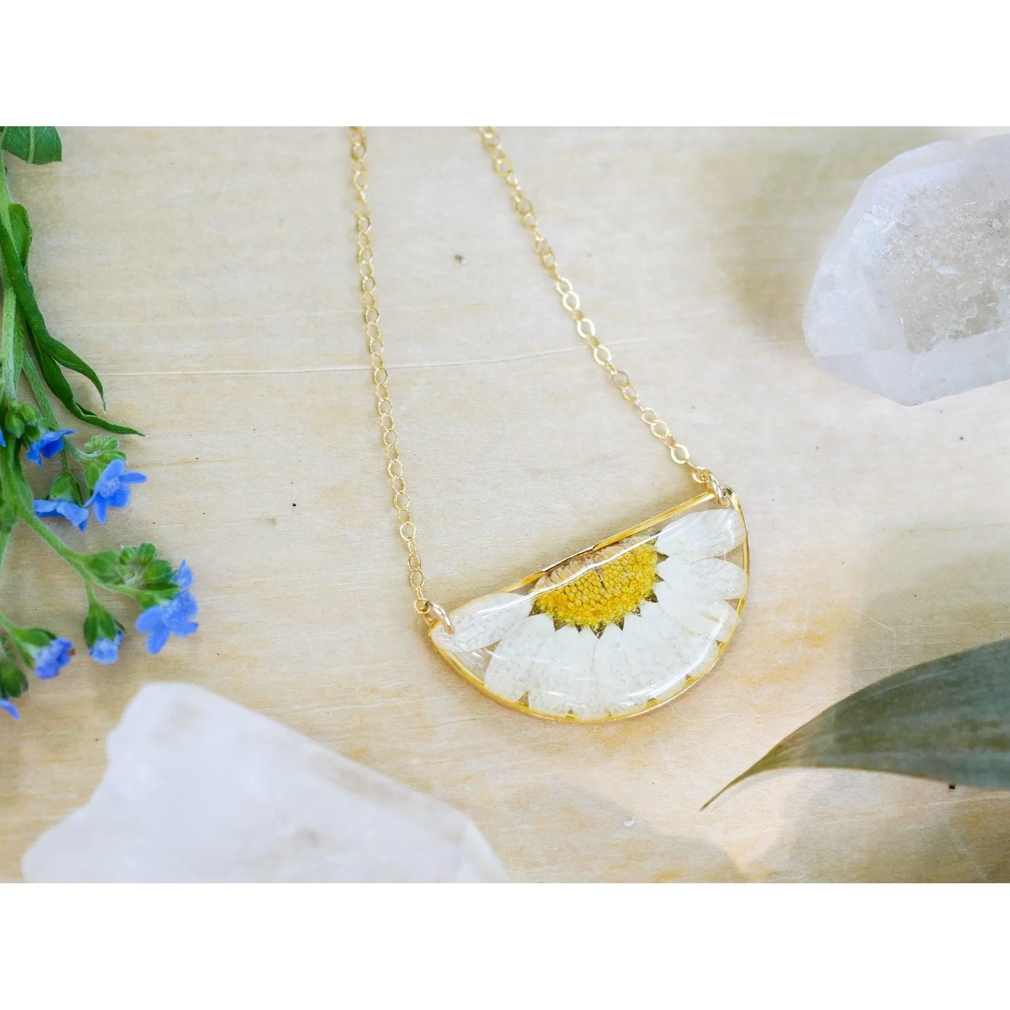 Half moon Pressed Daisy Necklace