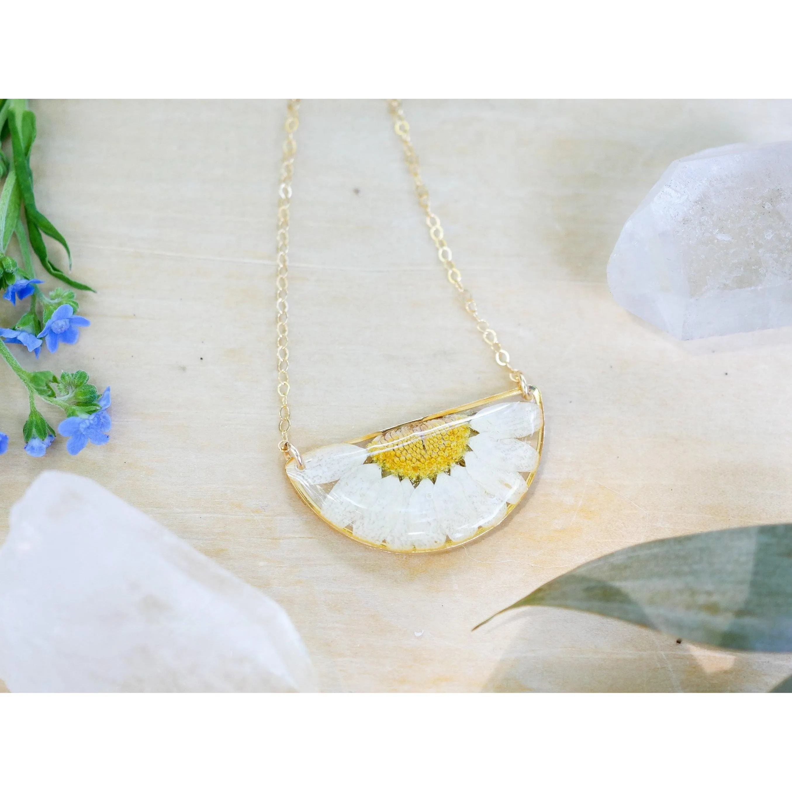 Half moon Pressed Daisy Necklace