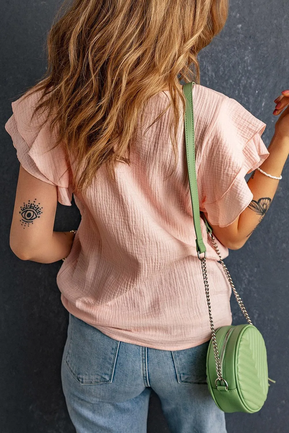 Hazel Blues® |  Textured Flutter Sleeve Keyhole Blouse