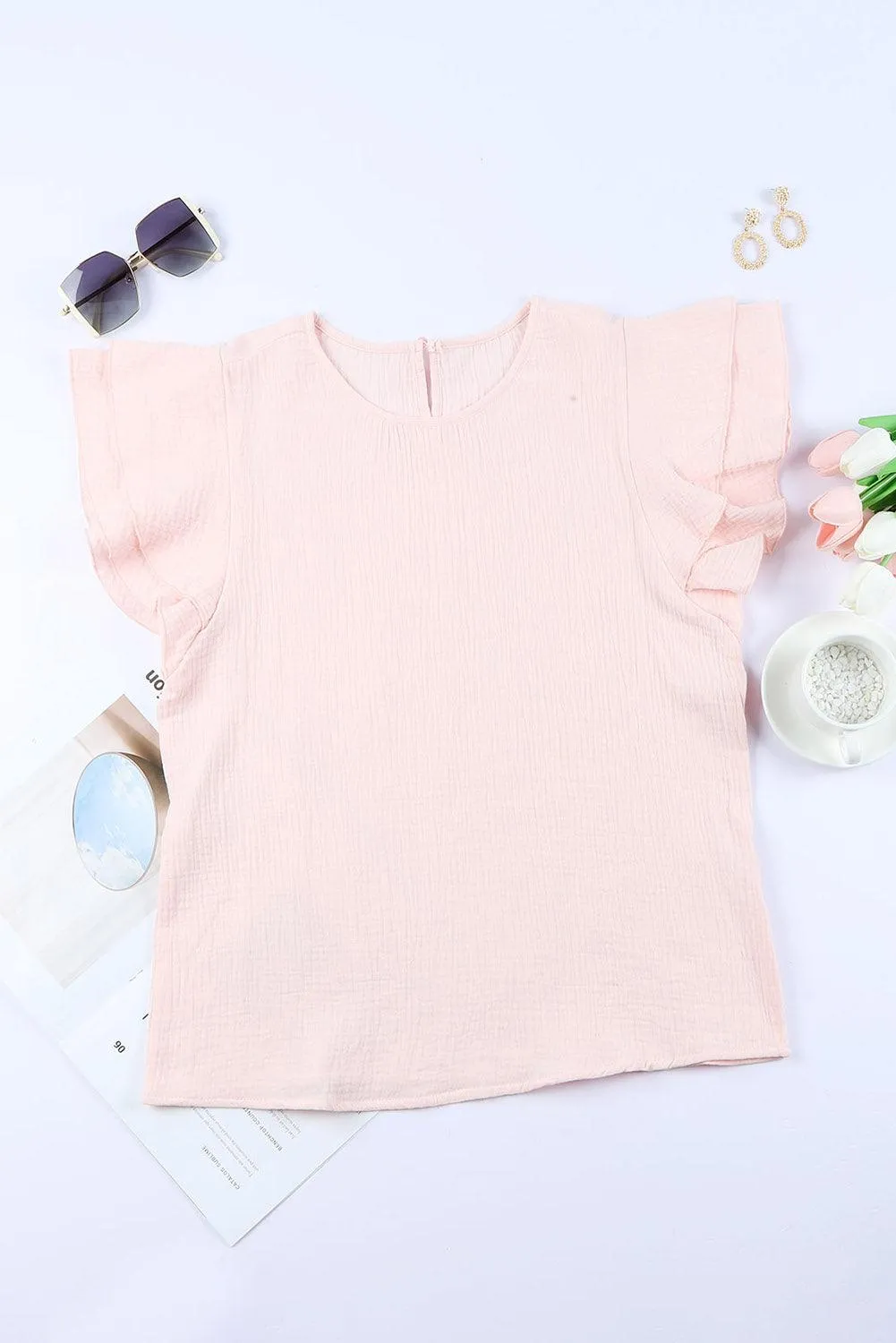Hazel Blues® |  Textured Flutter Sleeve Keyhole Blouse