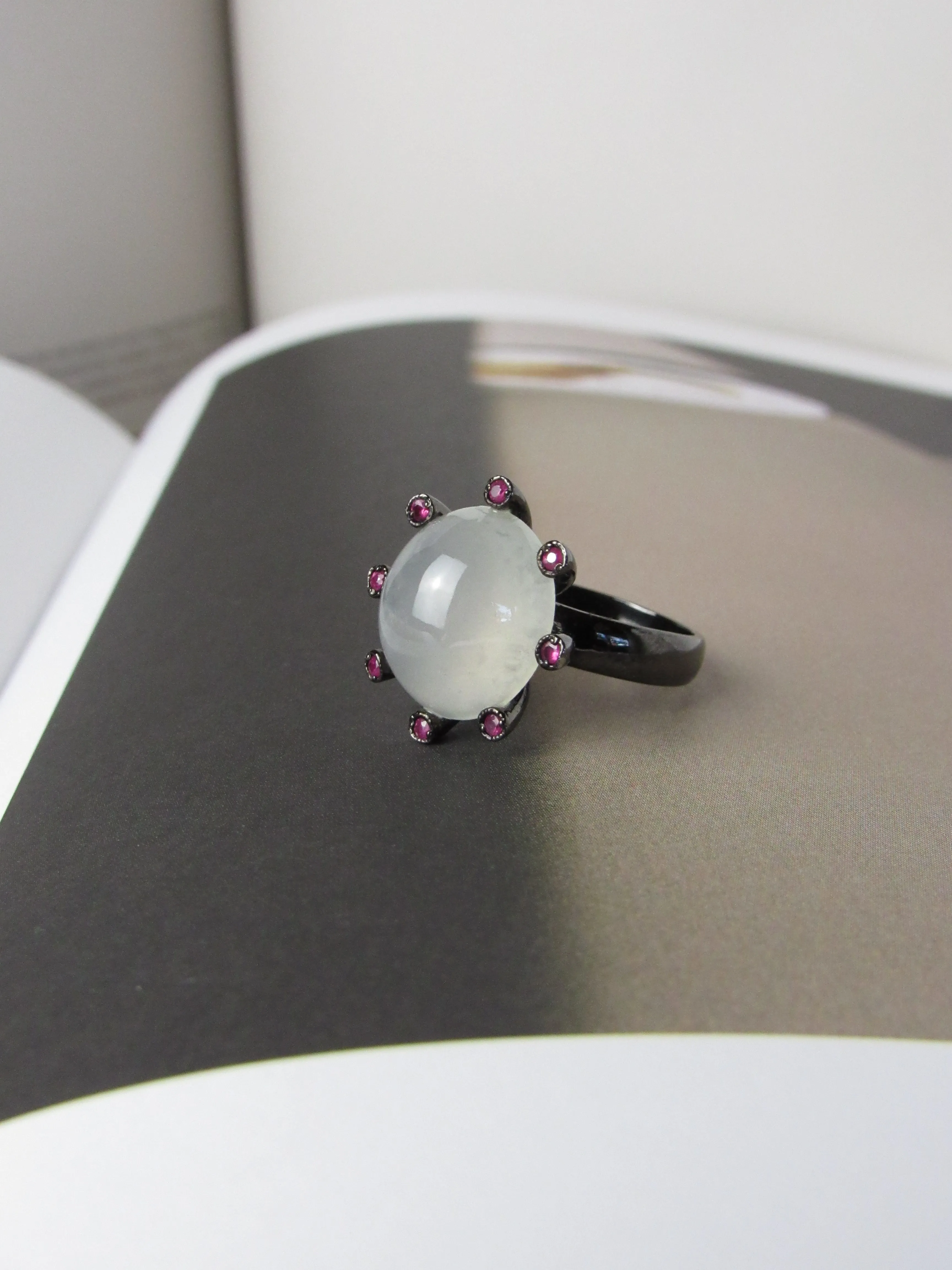 Icy Jadeite Jade and Ruby Statement Ring