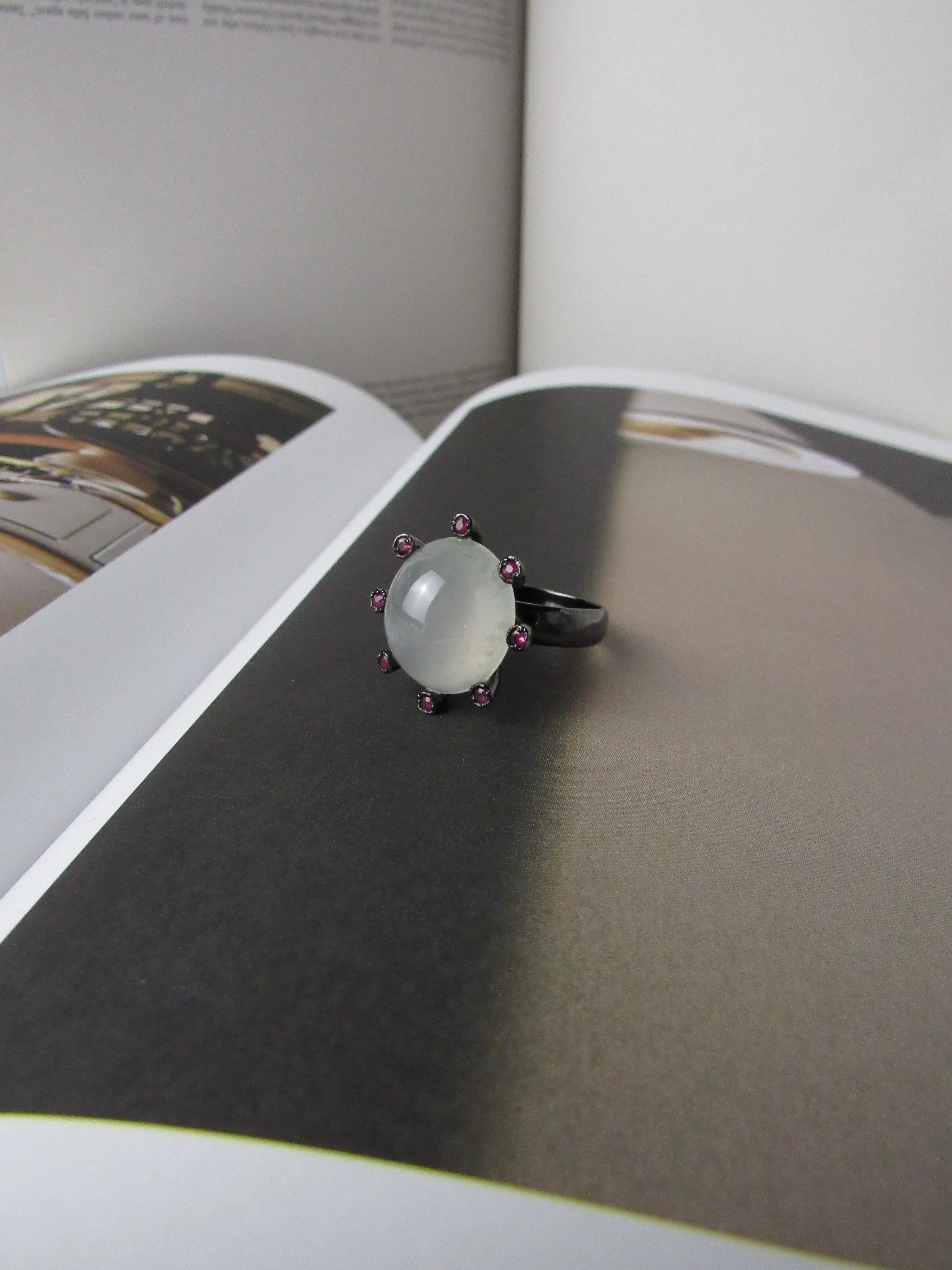 Icy Jadeite Jade and Ruby Statement Ring