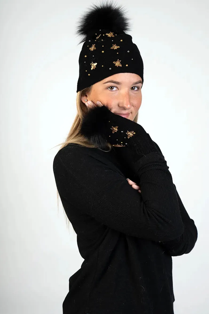 Knitted Hat with Bees and Beads