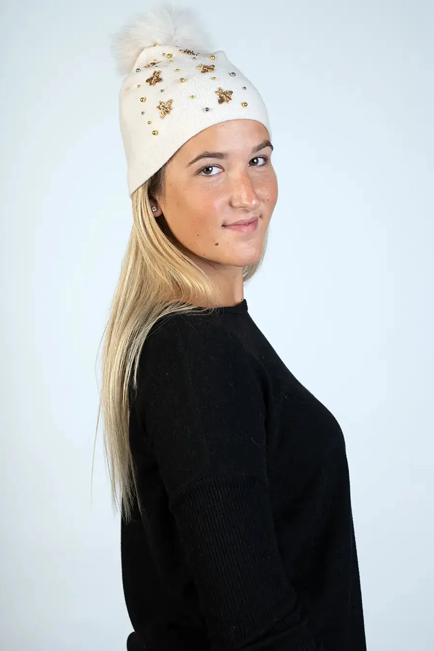 Knitted Hat with Bees and Beads