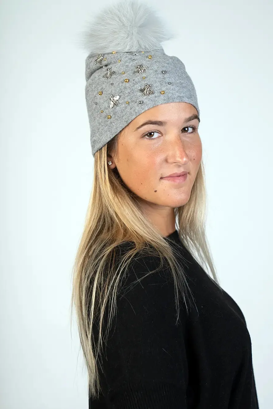 Knitted Hat with Bees and Beads