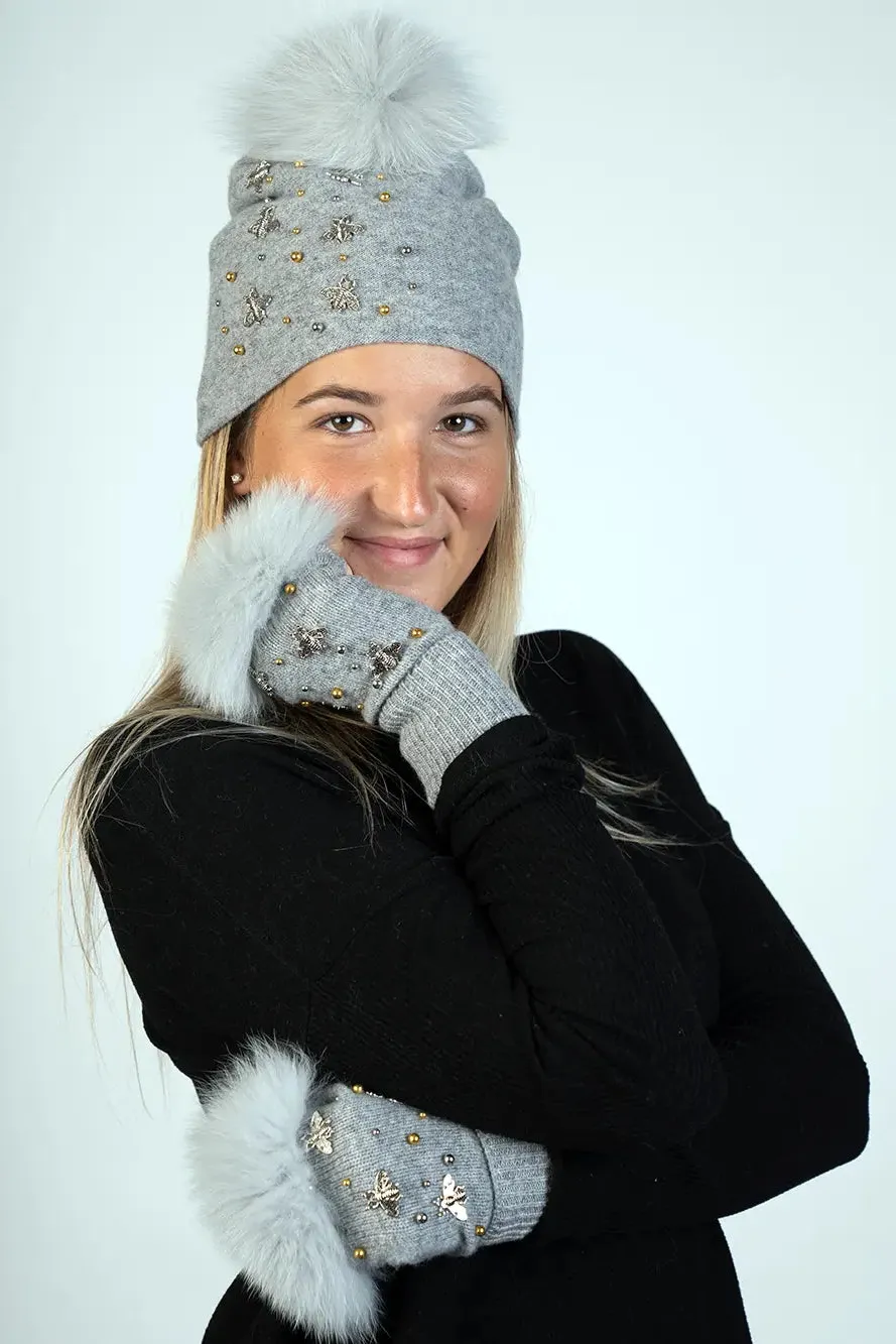 Knitted Hat with Bees and Beads