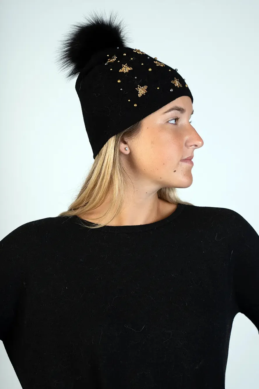 Knitted Hat with Bees and Beads
