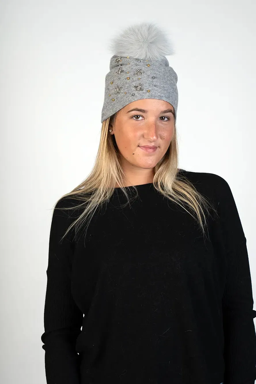 Knitted Hat with Bees and Beads